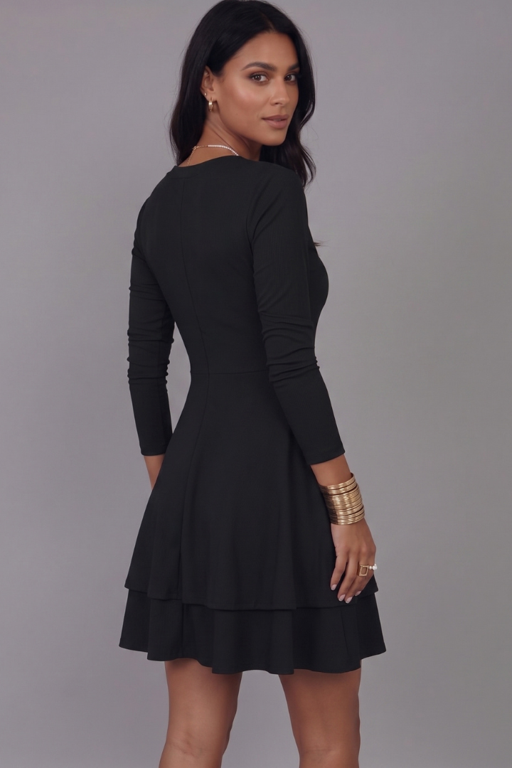 Vesper | Women’s V-Neck Mini Dress – Long Sleeve, Tiered Flared Skirt & Pullover Design