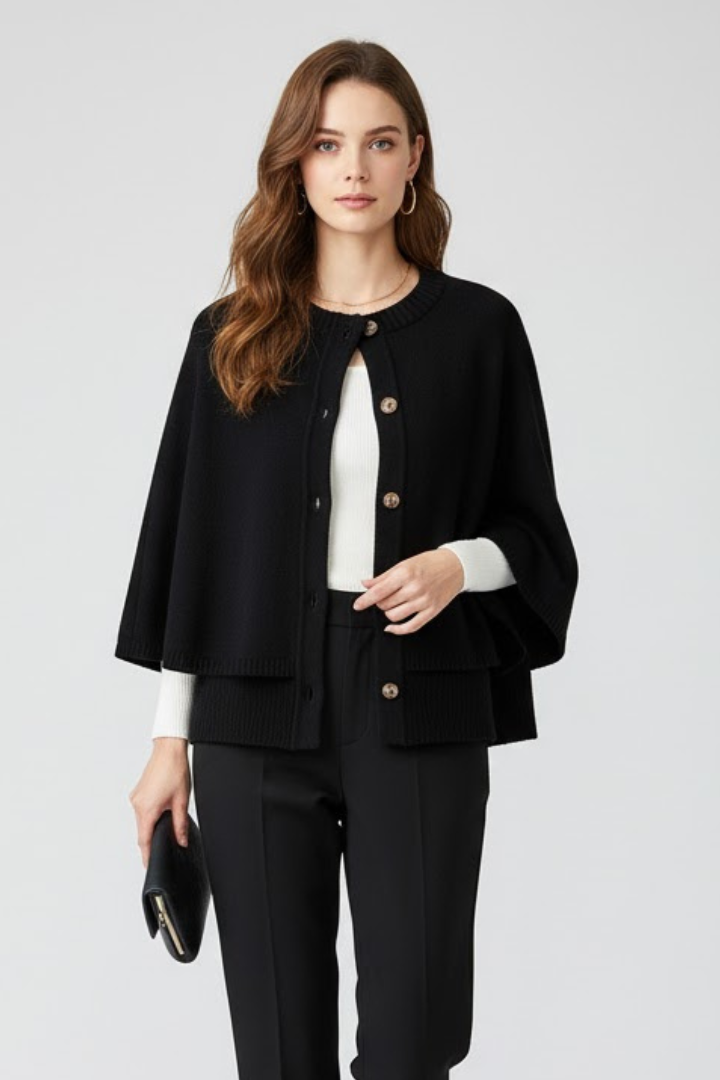 Vespera | Women’s Knitted Cape Cardigan – Cropped Button-Front Sweater