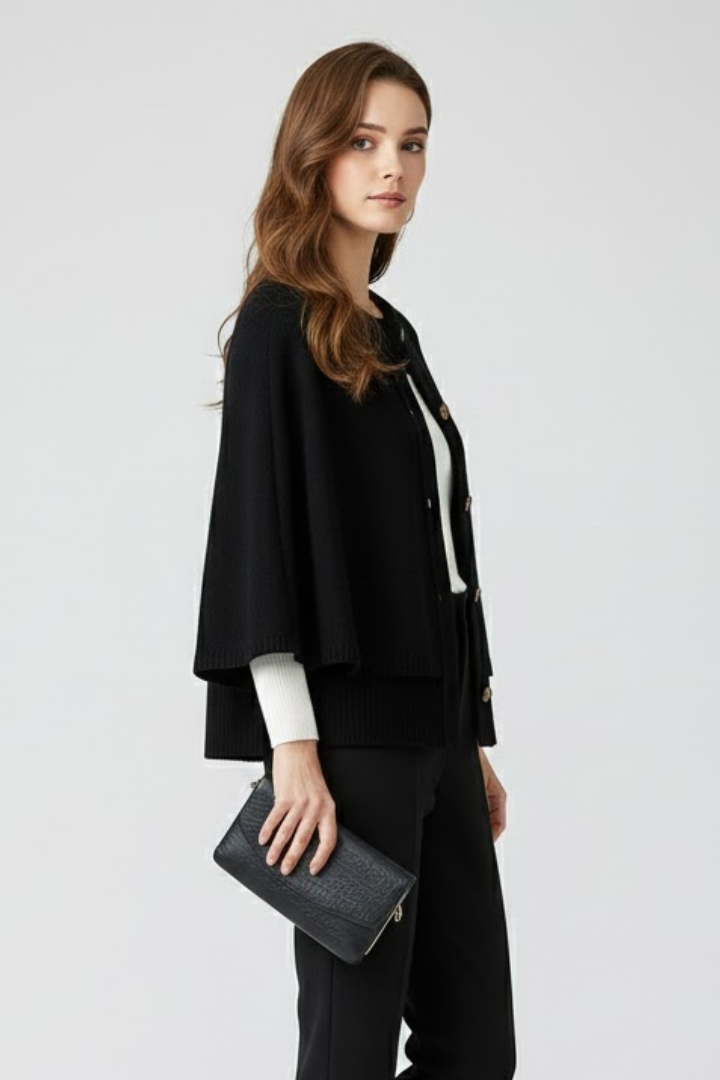 Vespera | Women’s Knitted Cape Cardigan – Cropped Button-Front Sweater
