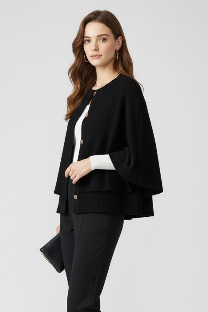 Vespera | Women’s Knitted Cape Cardigan – Cropped Button-Front Sweater