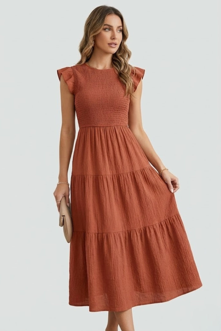 Veya | Women’s Boho Smocked Maxi Dress – Flutter Sleeve A-Line Summer Midi Dress
