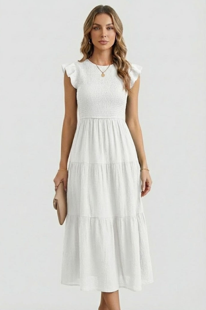Veya | Women’s Boho Smocked Maxi Dress – Flutter Sleeve A-Line Summer Midi Dress