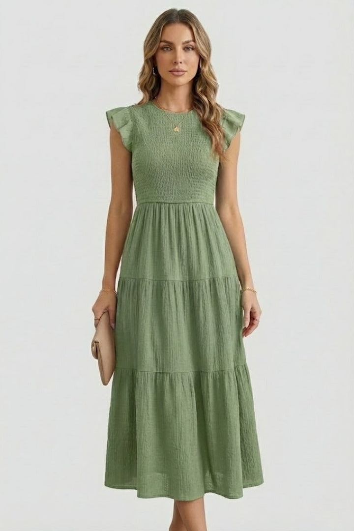 Veya | Women’s Boho Smocked Maxi Dress – Flutter Sleeve A-Line Summer Midi Dress