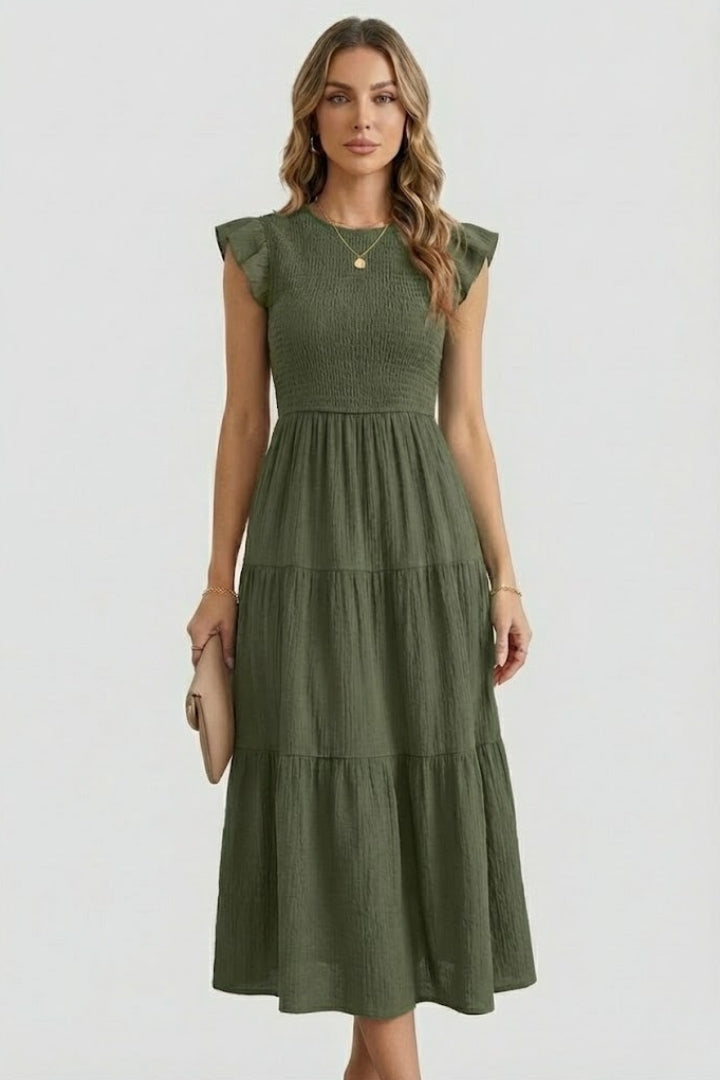 Veya | Women’s Boho Smocked Maxi Dress – Flutter Sleeve A-Line Summer Midi Dress