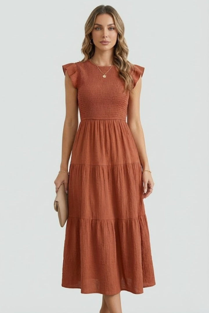 Veya | Women’s Boho Smocked Maxi Dress – Flutter Sleeve A-Line Summer Midi Dress