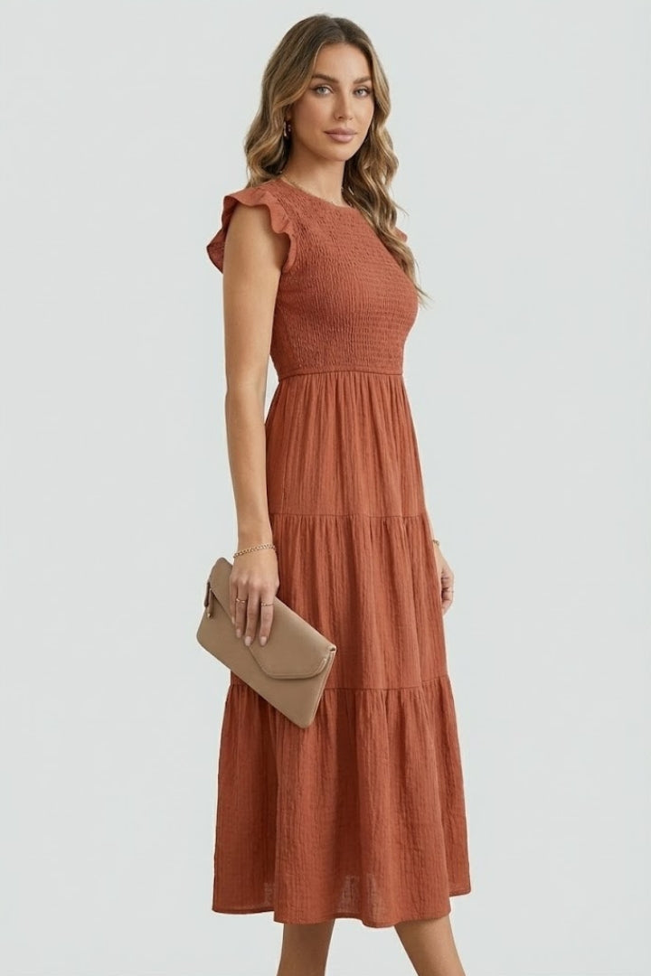 Veya | Women’s Boho Smocked Maxi Dress – Flutter Sleeve A-Line Summer Midi Dress