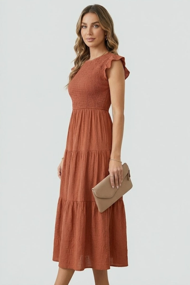 Veya | Women’s Boho Smocked Maxi Dress – Flutter Sleeve A-Line Summer Midi Dress