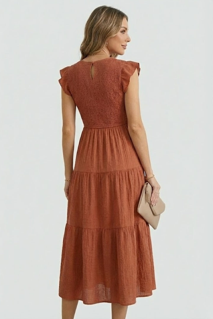 Veya | Women’s Boho Smocked Maxi Dress – Flutter Sleeve A-Line Summer Midi Dress
