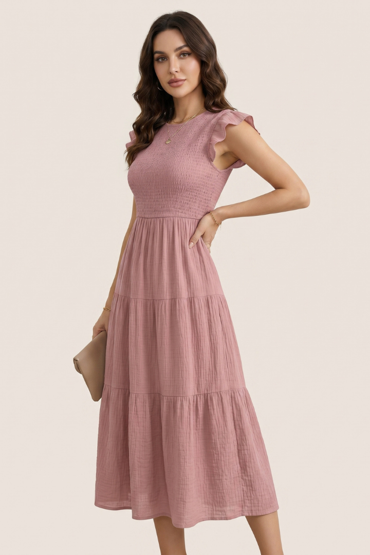 Veya | Women’s Boho Smocked Maxi Dress – Flutter Sleeve A-Line Summer Midi Dress
