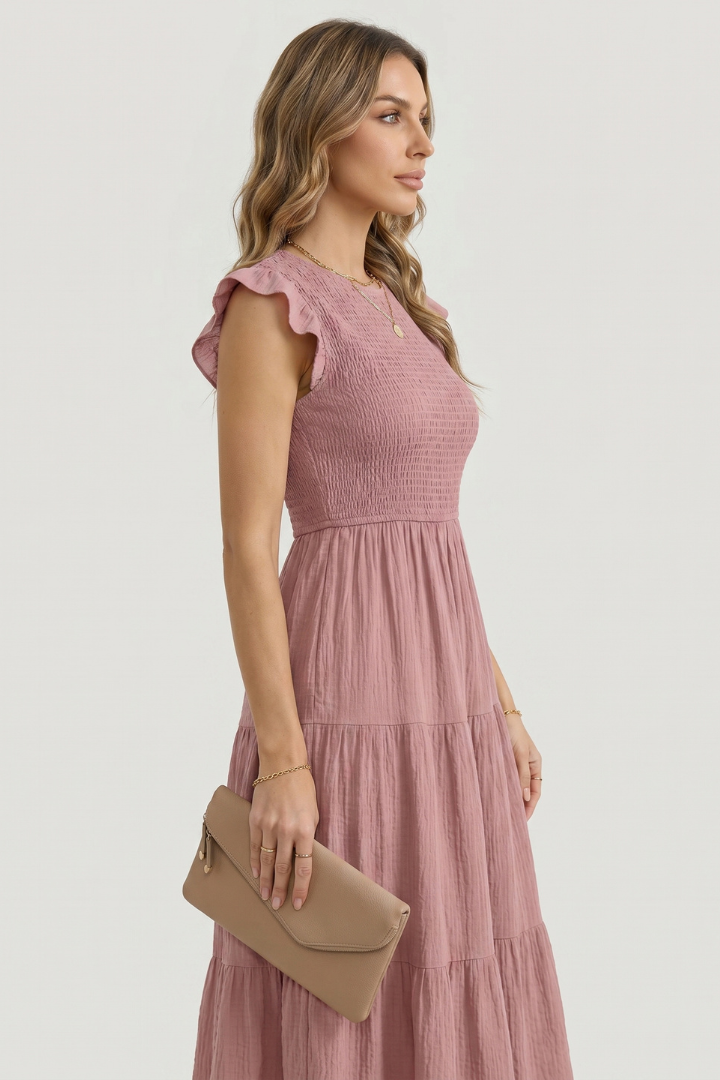 Veya | Women’s Boho Smocked Maxi Dress – Flutter Sleeve A-Line Summer Midi Dress