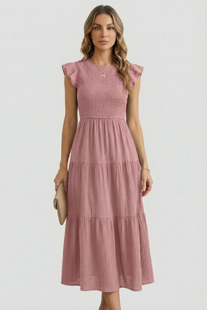 Veya | Women’s Boho Smocked Maxi Dress – Flutter Sleeve A-Line Summer Midi Dress