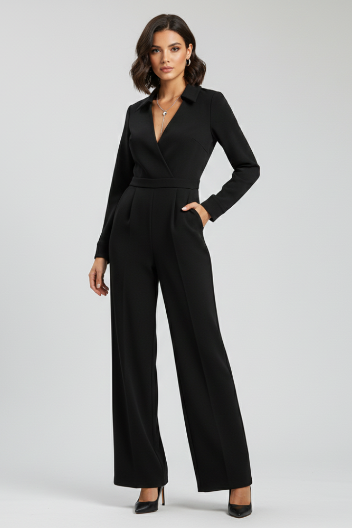 Vianne | Women's Shirt Collar Jumpsuit – Wide Leg Long Sleeve One-Piece