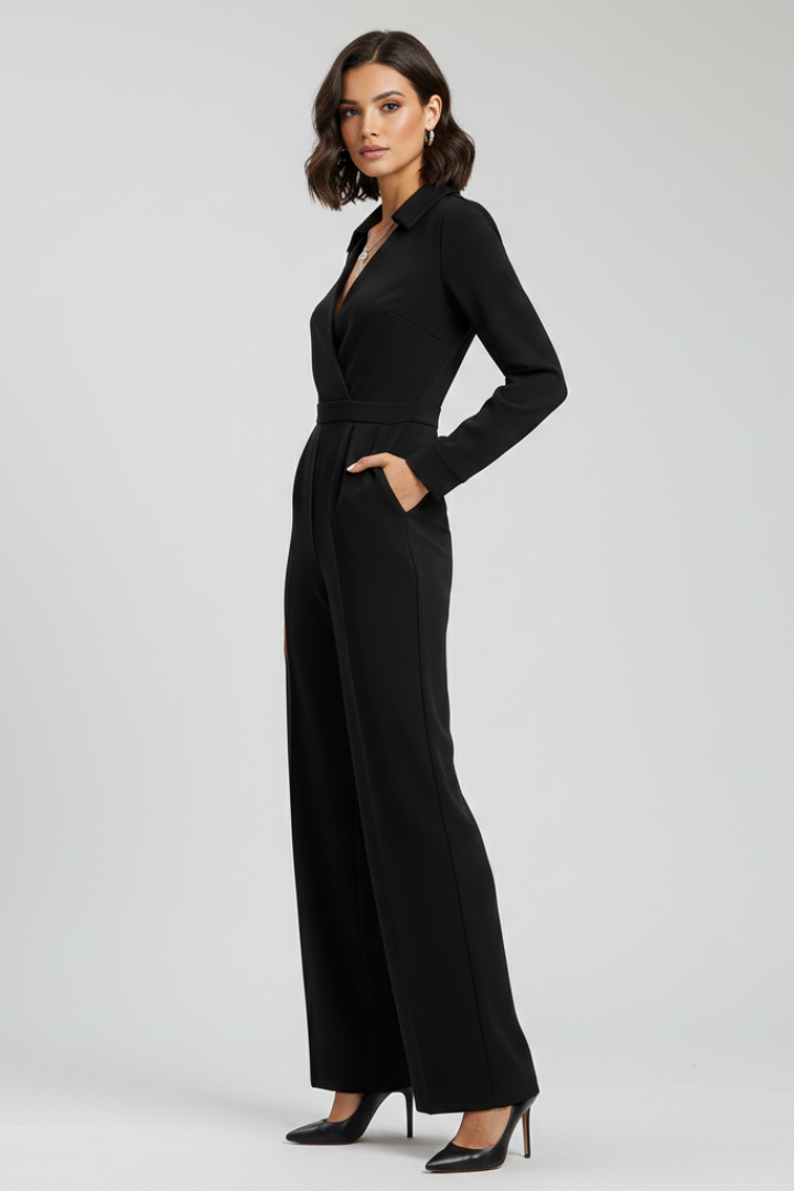 Vianne | Women's Shirt Collar Jumpsuit – Wide Leg Long Sleeve One-Piece