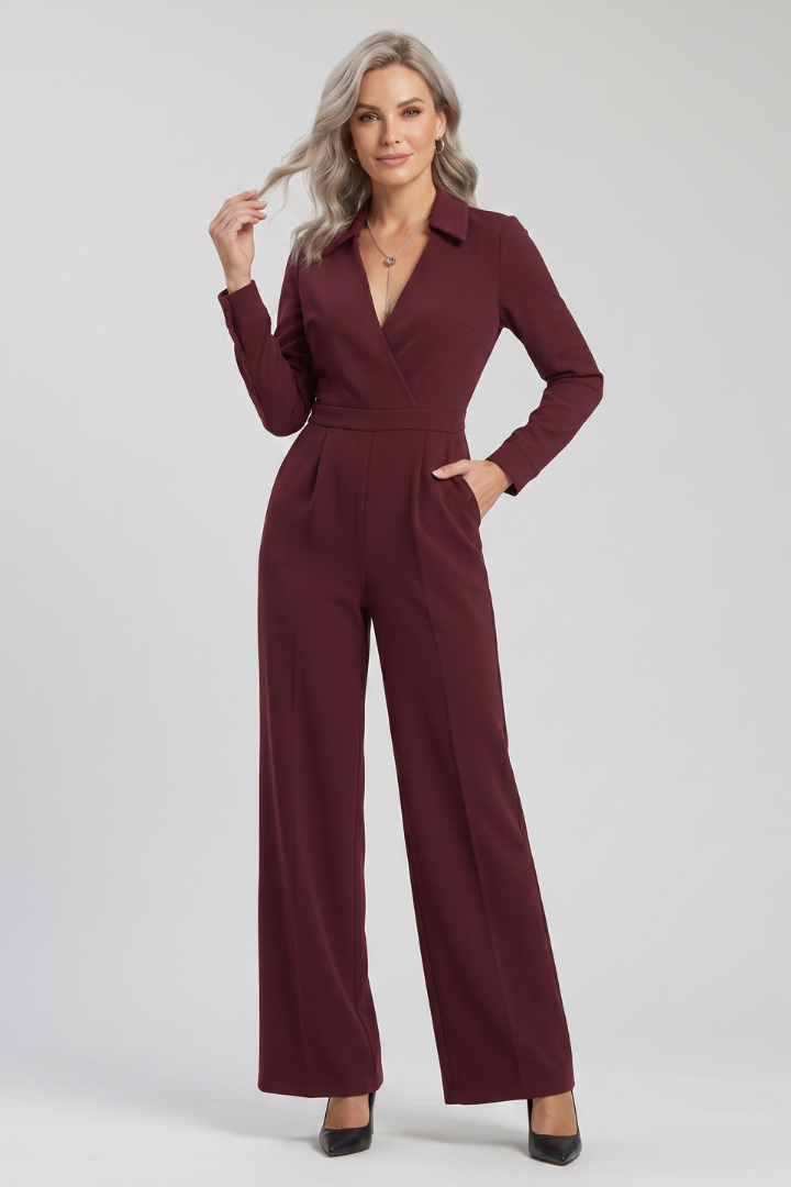 Vianne | Women's Shirt Collar Jumpsuit – Wide Leg Long Sleeve One-Piece