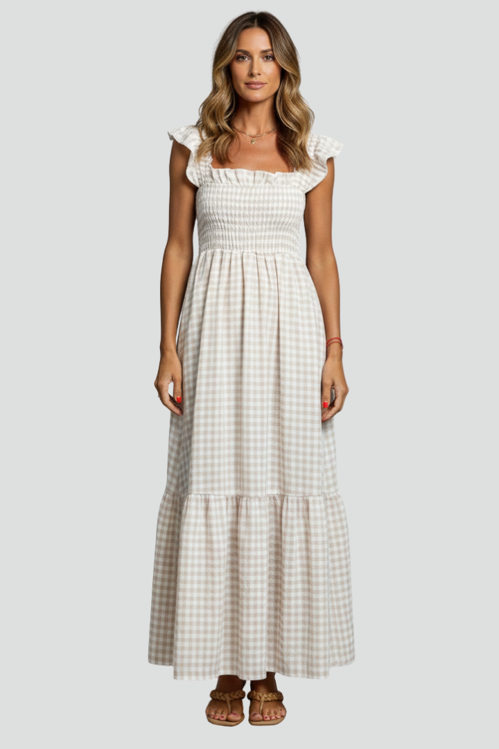 Vida | Women’s Textured Maxi Dress – Square Neck, Ruffle Sleeve