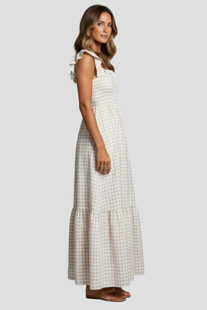 Vida | Women’s Textured Maxi Dress – Square Neck, Ruffle Sleeve