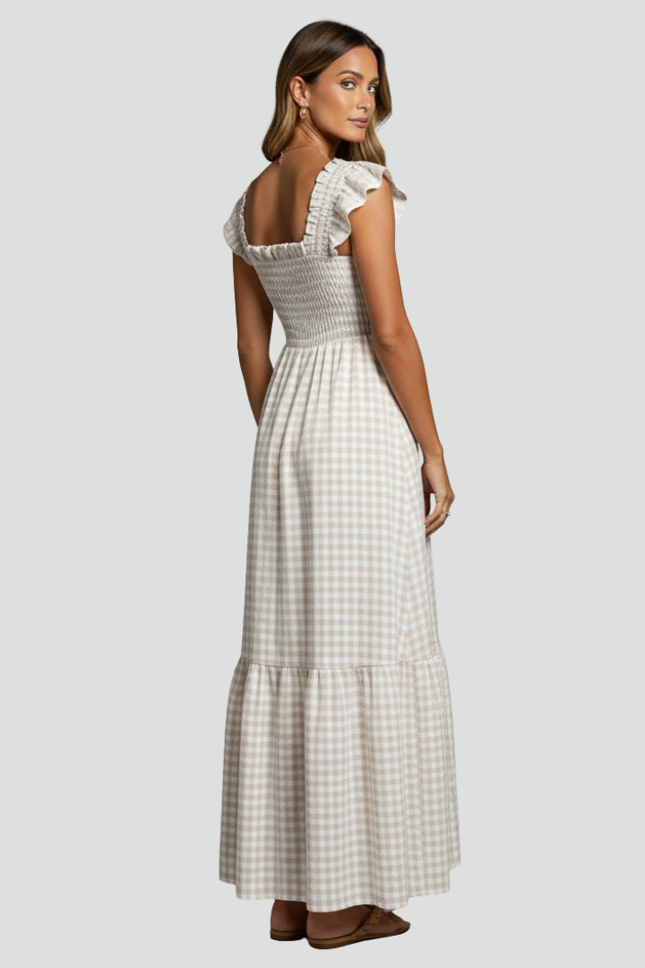 Vida | Women’s Textured Maxi Dress – Square Neck, Ruffle Sleeve