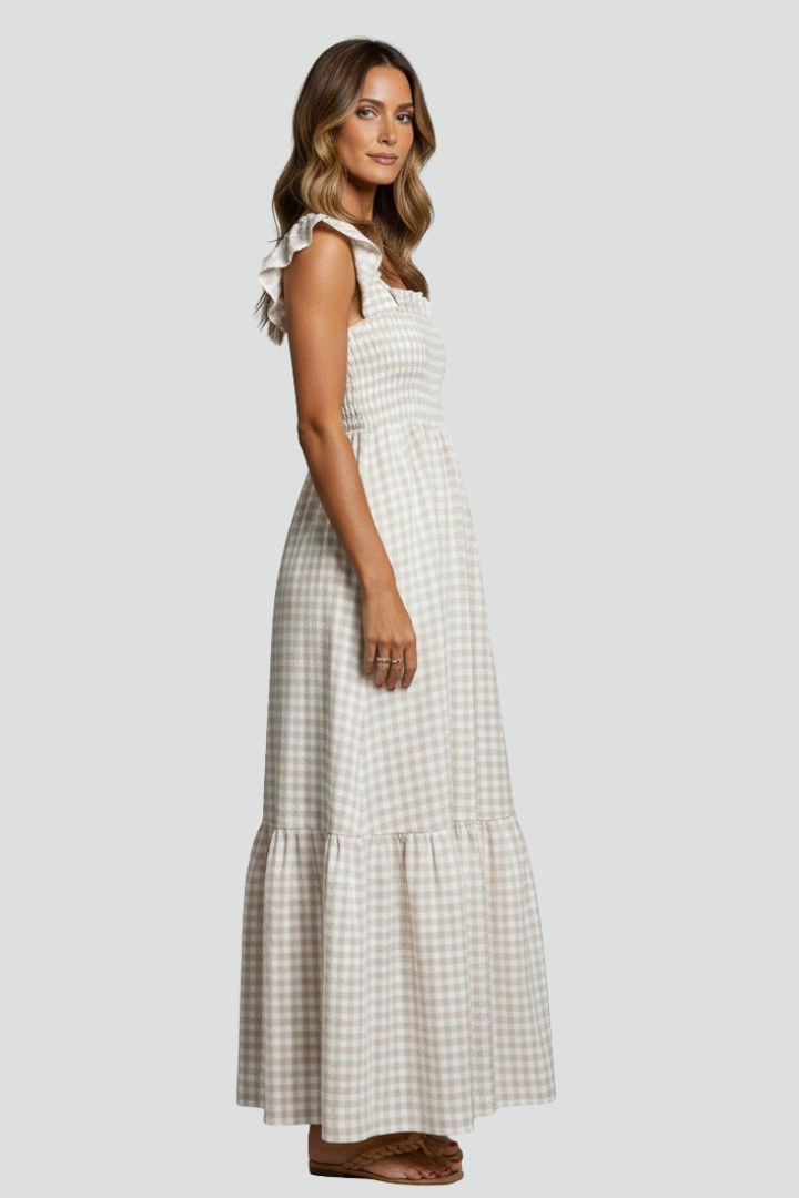 Vida | Women’s Textured Maxi Dress – Square Neck, Ruffle Sleeve