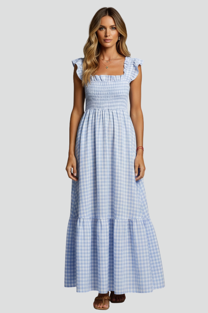 Vida | Women’s Textured Maxi Dress – Square Neck, Ruffle Sleeve