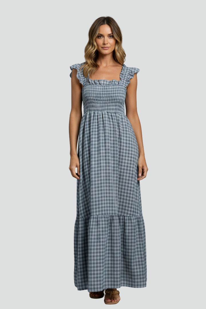 Vida | Women’s Textured Maxi Dress – Square Neck, Ruffle Sleeve
