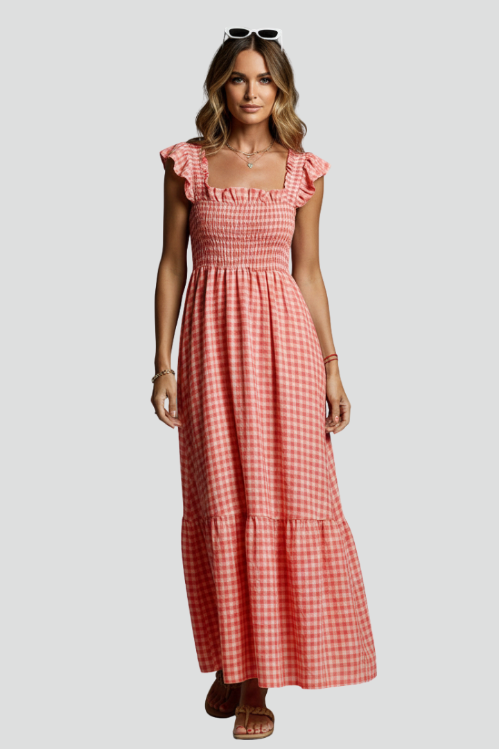 Vida | Women’s Textured Maxi Dress – Square Neck, Ruffle Sleeve