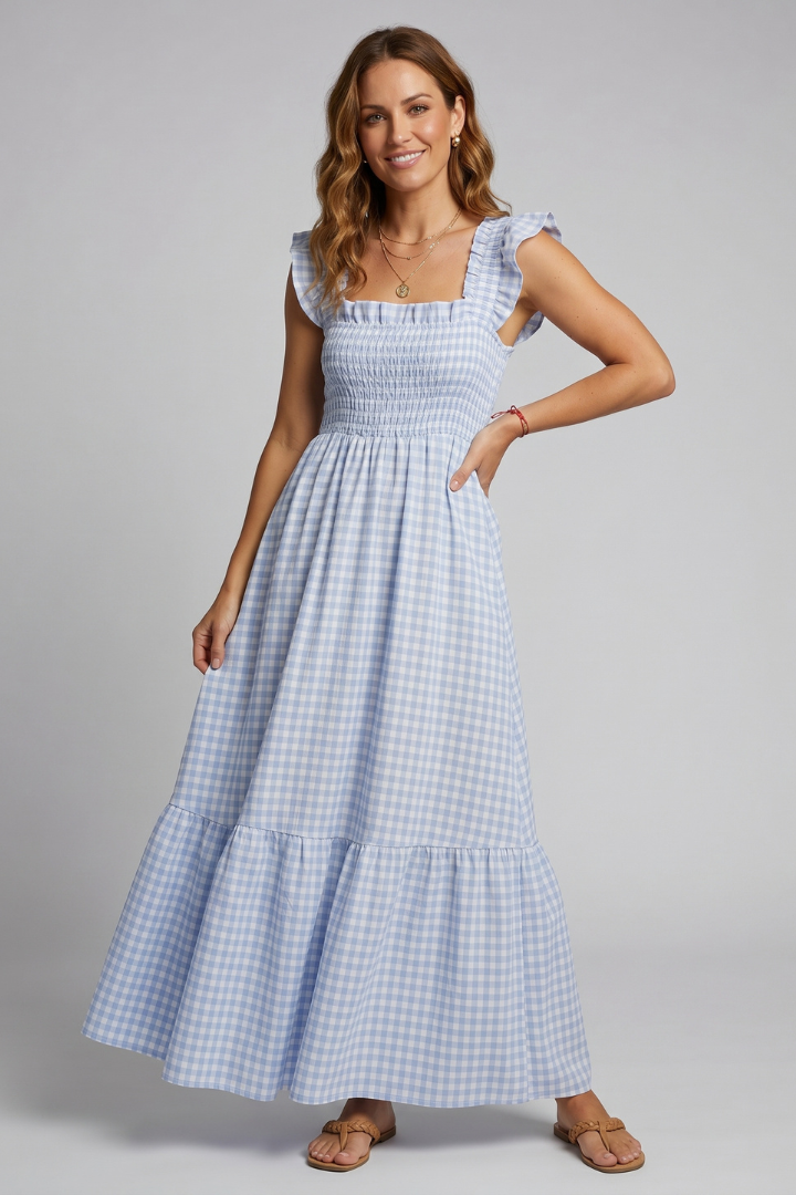 Vida | Women’s Textured Maxi Dress – Square Neck, Ruffle Sleeve