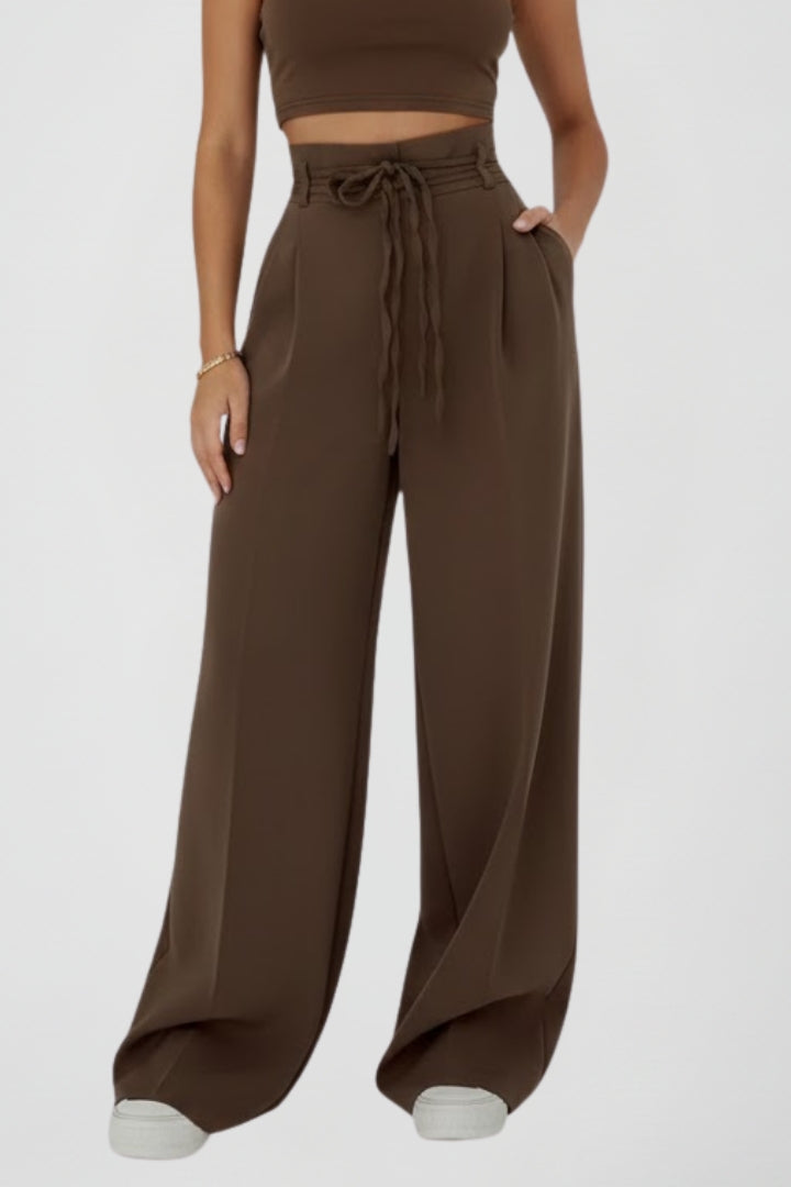 Vionne | Women’s High Waist Wide Leg Trousers with Tie Waist – Loose Fit Straight Leg Pants