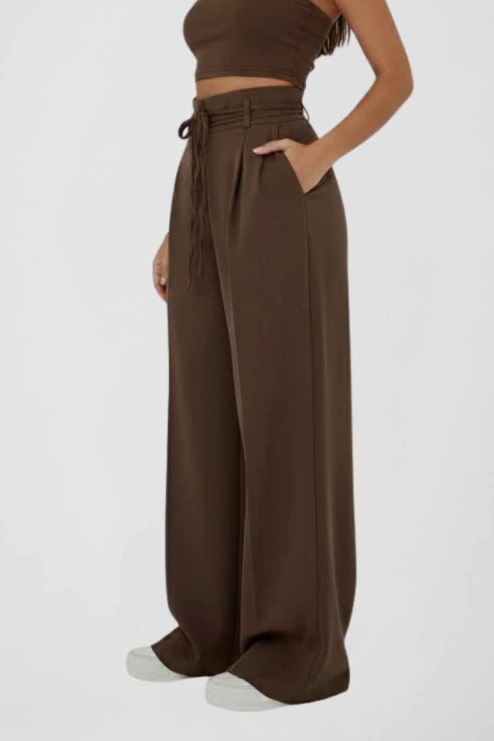 Vionne | Women’s High Waist Wide Leg Trousers with Tie Waist – Loose Fit Straight Leg Pants