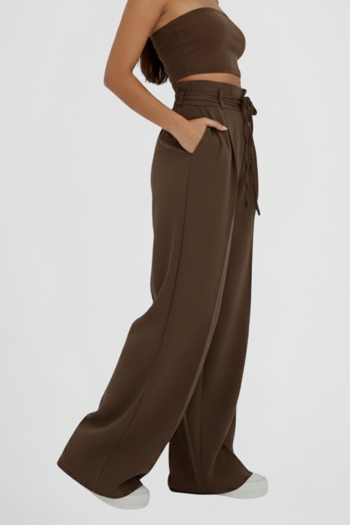 Vionne | Women’s High Waist Wide Leg Trousers with Tie Waist – Loose Fit Straight Leg Pants