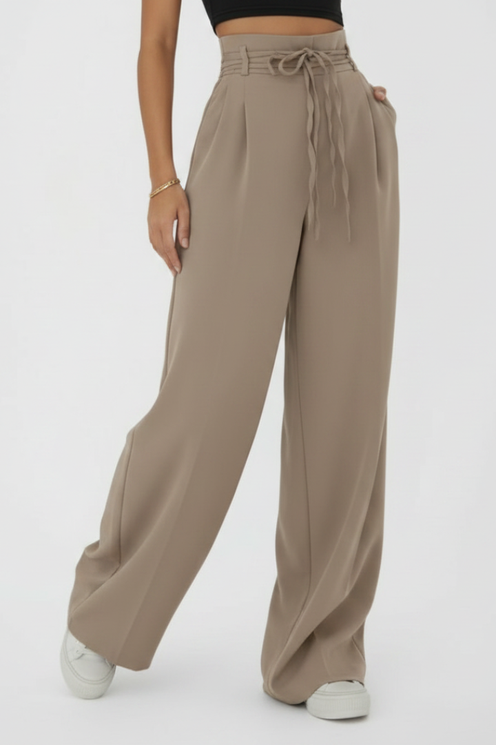 Vionne | Women’s High Waist Wide Leg Trousers with Tie Waist – Loose Fit Straight Leg Pants