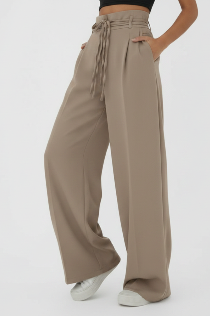 Vionne | Women’s High Waist Wide Leg Trousers with Tie Waist – Loose Fit Straight Leg Pants