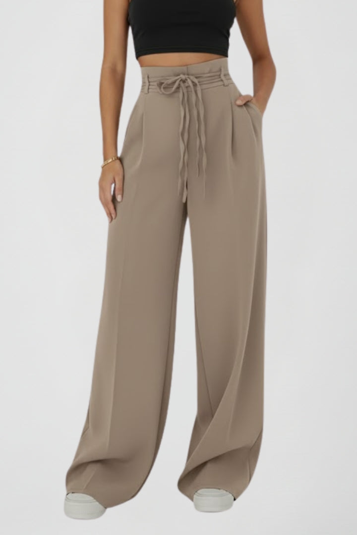 Vionne | Women’s High Waist Wide Leg Trousers with Tie Waist – Loose Fit Straight Leg Pants