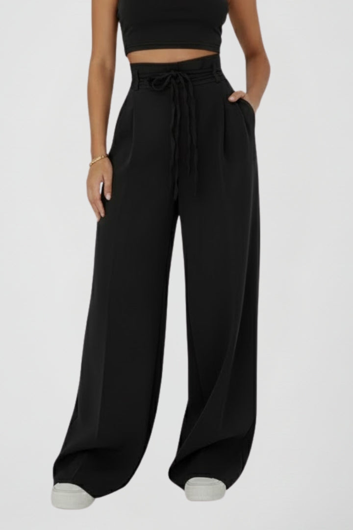 Vionne | Women’s High Waist Wide Leg Trousers with Tie Waist – Loose Fit Straight Leg Pants