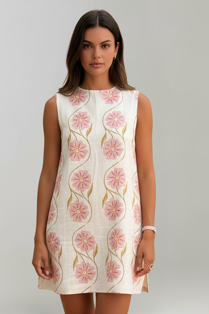 Viora | Women’s Floral Sleeveless Mini Dress – A-Line Linen Blend Summer Casual Dress