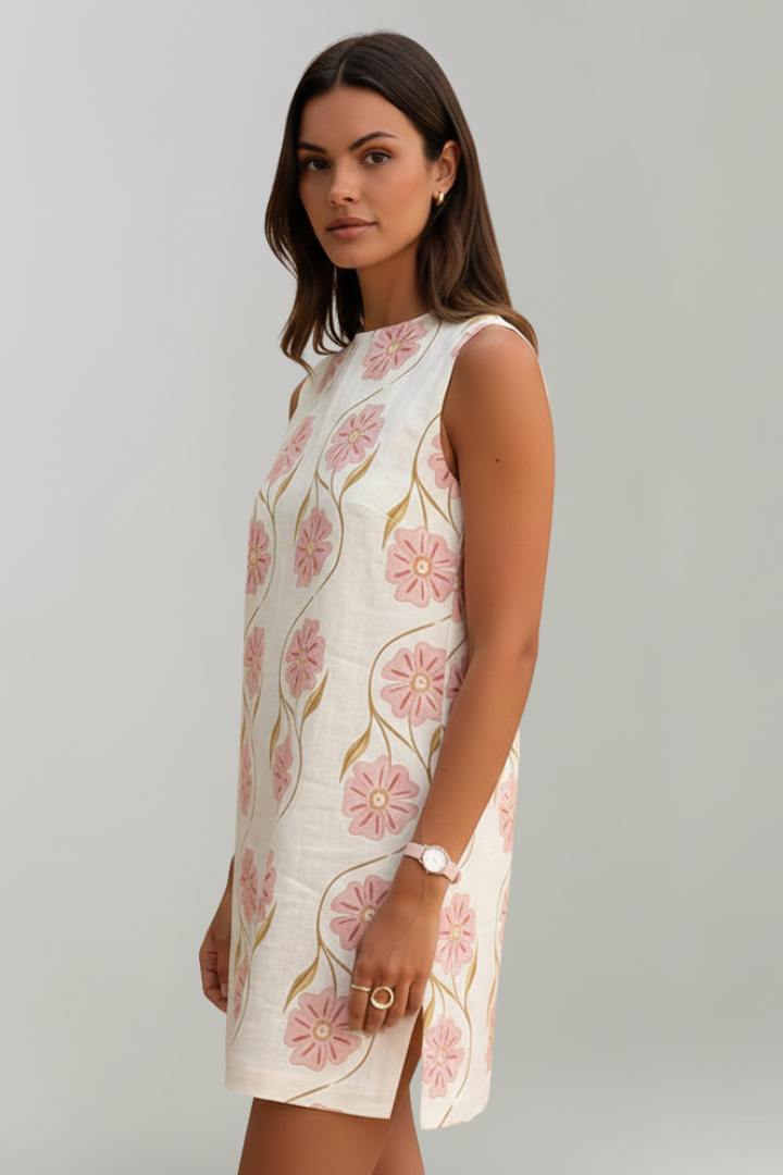 Viora | Women’s Floral Sleeveless Mini Dress – A-Line Linen Blend Summer Casual Dress