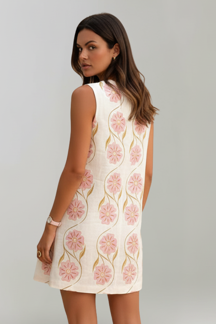 Viora | Women’s Floral Sleeveless Mini Dress – A-Line Linen Blend Summer Casual Dress