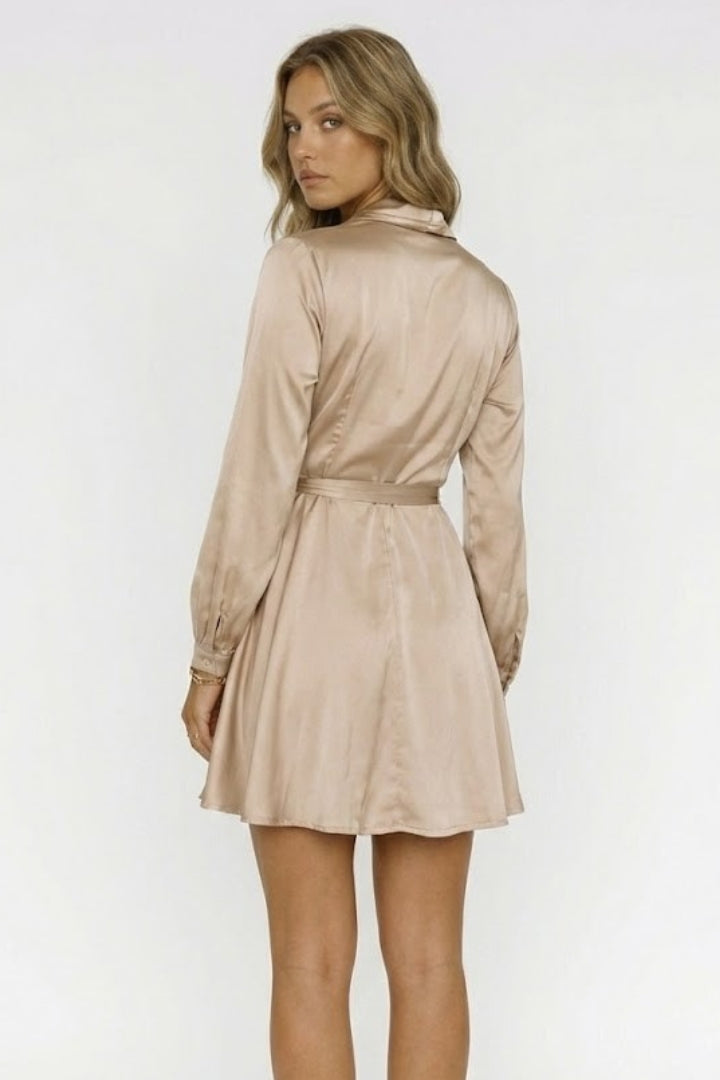 Virelle | Women’s Satin Wrap Mini Dress - Long Sleeve, Waist Tie, Elegant Cocktail Dress