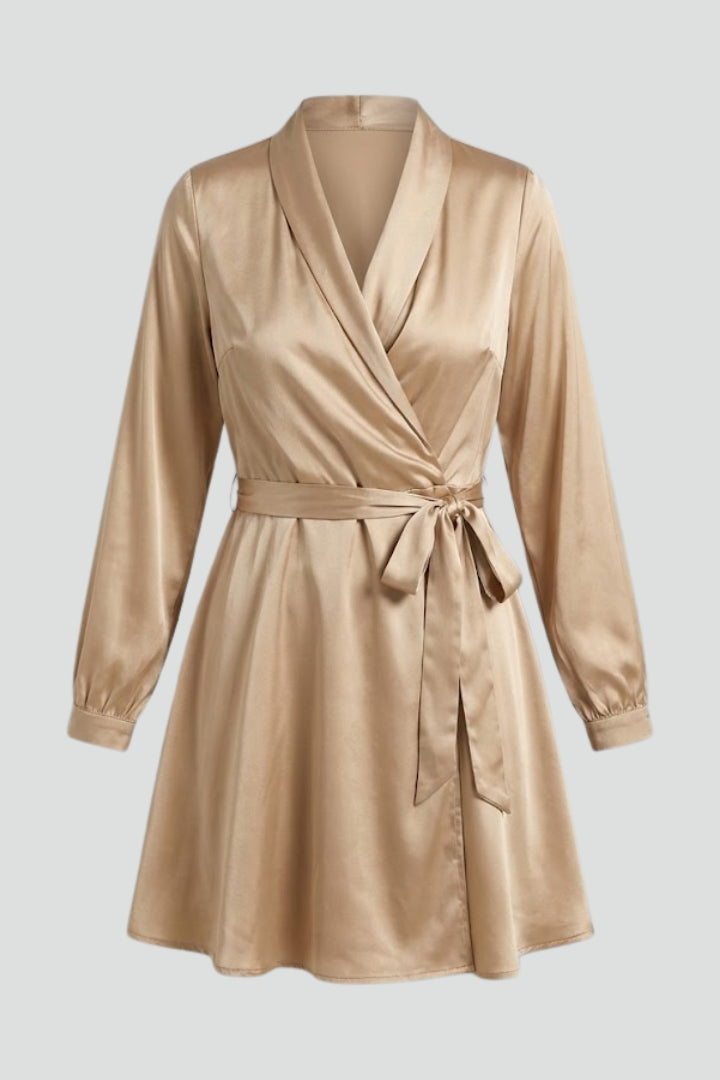 Virelle | Women’s Satin Wrap Mini Dress - Long Sleeve, Waist Tie, Elegant Cocktail Dress