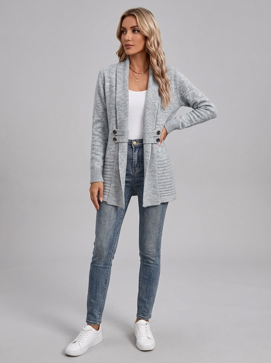 Viretta | Women's Mid-Length Cardigan, Double-Breasted Shawl Collar Sweater