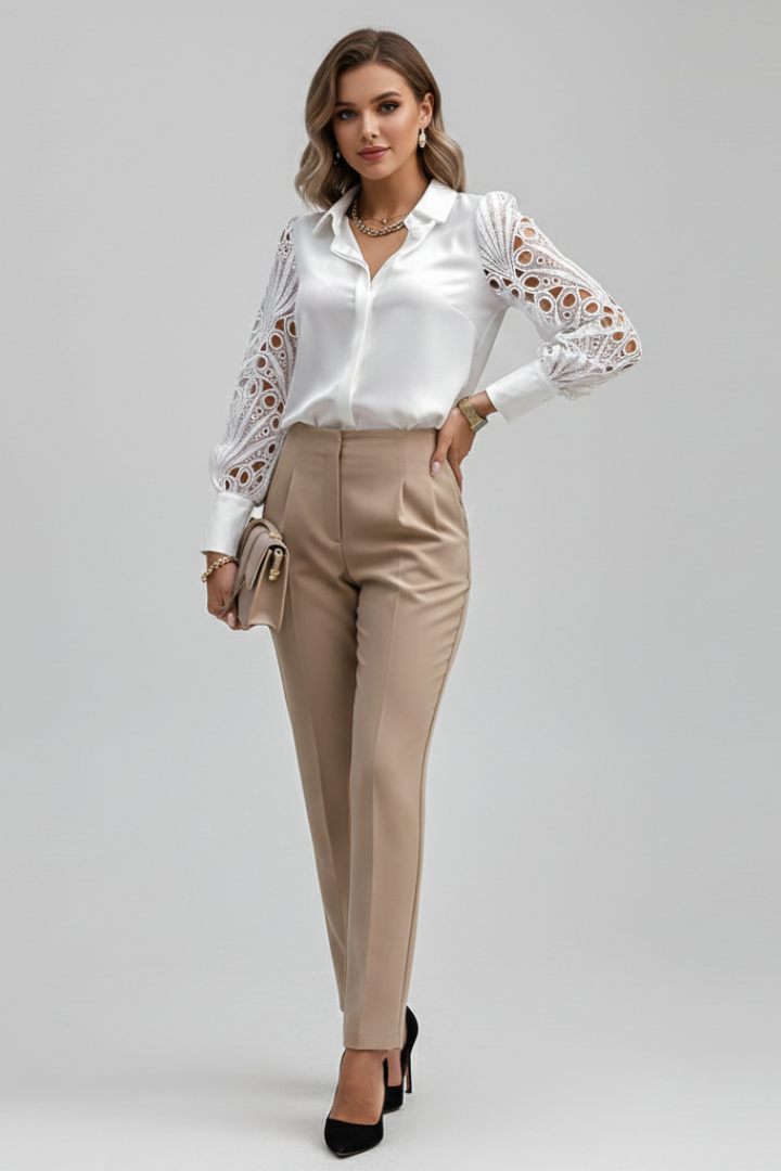 Vireya | Women’s Lace Sleeve Blouse – Long Sleeve Collared Top, Button Cuffs, Pullover Button Front