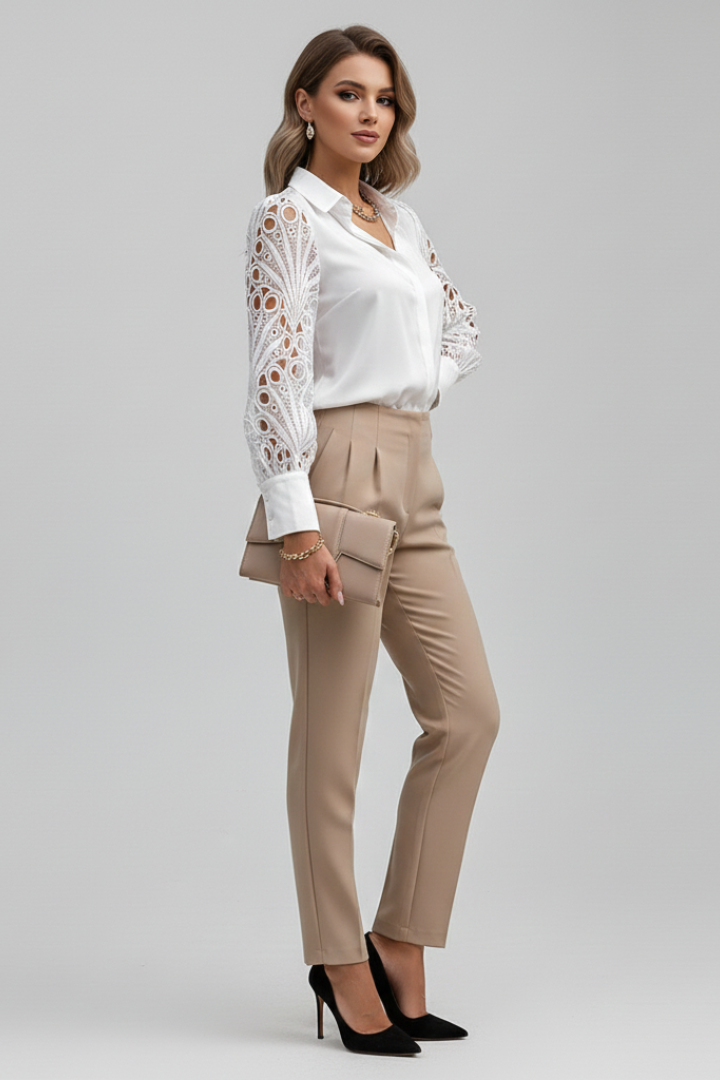 Vireya | Women’s Lace Sleeve Blouse – Long Sleeve Collared Top, Button Cuffs, Pullover Button Front