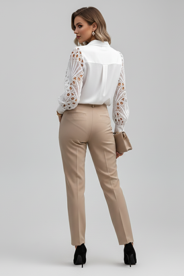 Vireya | Women’s Lace Sleeve Blouse – Long Sleeve Collared Top, Button Cuffs, Pullover Button Front