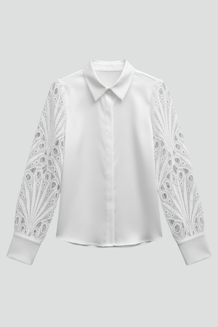 Vireya | Women’s Lace Sleeve Blouse – Long Sleeve Collared Top, Button Cuffs, Pullover Button Front