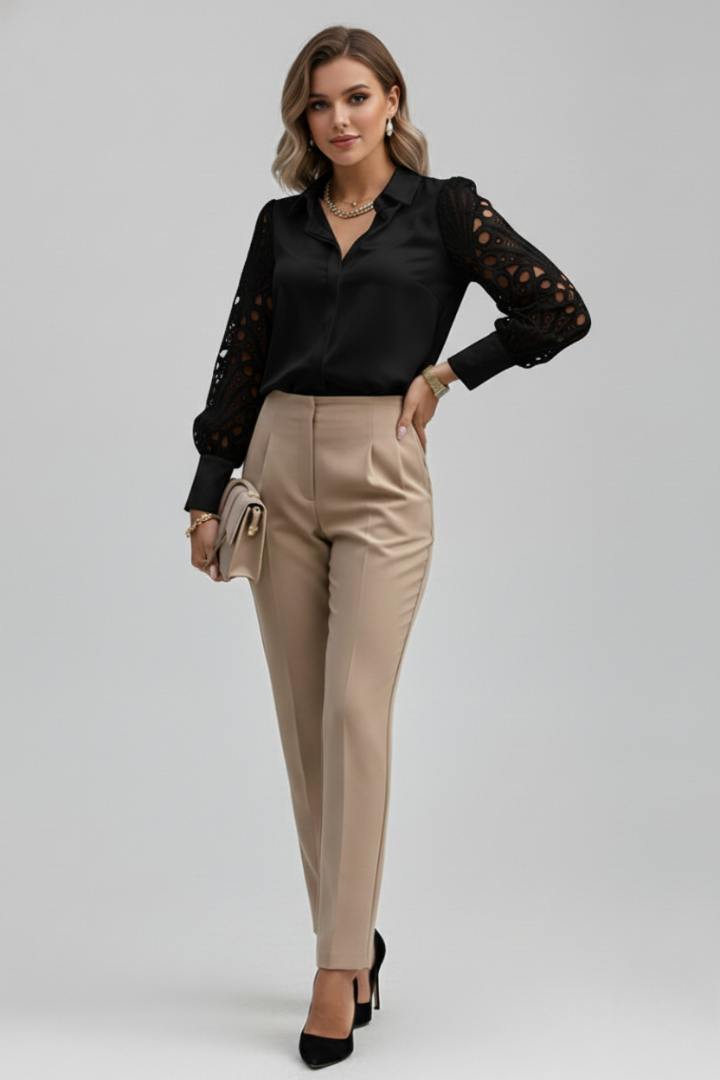 Vireya | Women’s Lace Sleeve Blouse – Long Sleeve Collared Top, Button Cuffs, Pullover Button Front