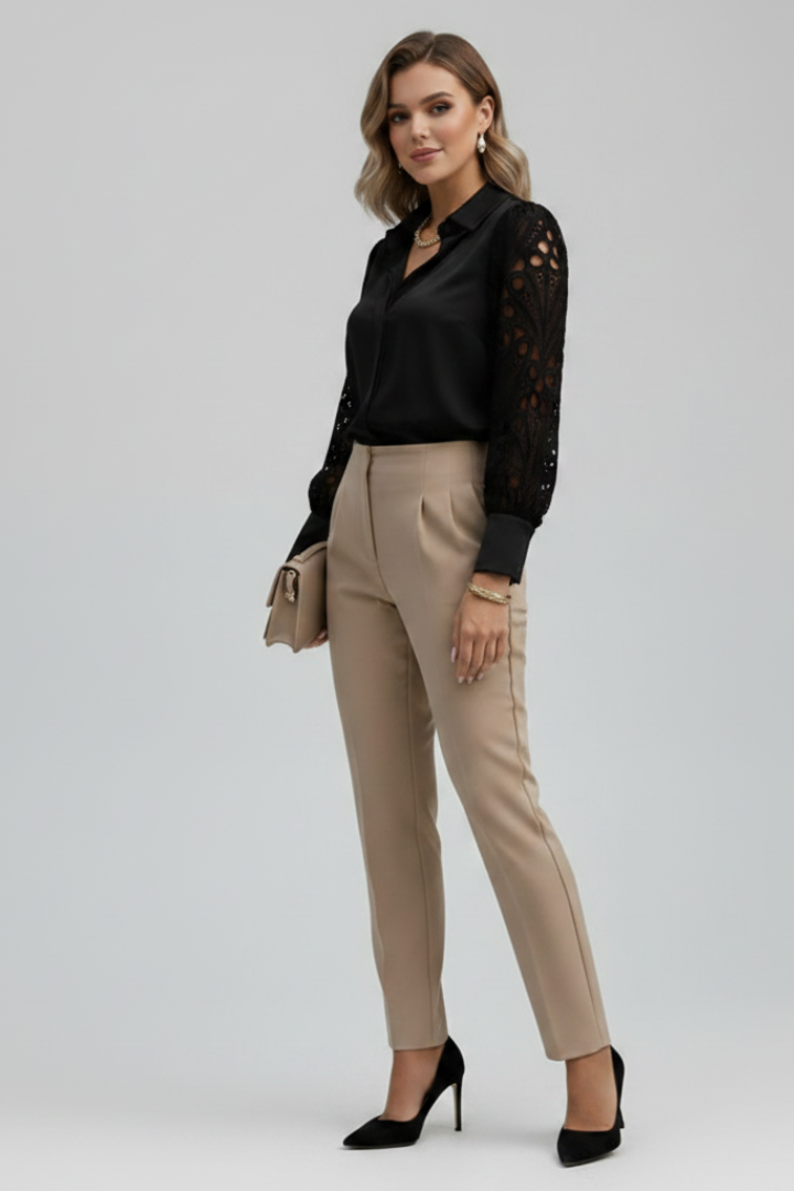 Vireya | Women’s Lace Sleeve Blouse – Long Sleeve Collared Top, Button Cuffs, Pullover Button Front