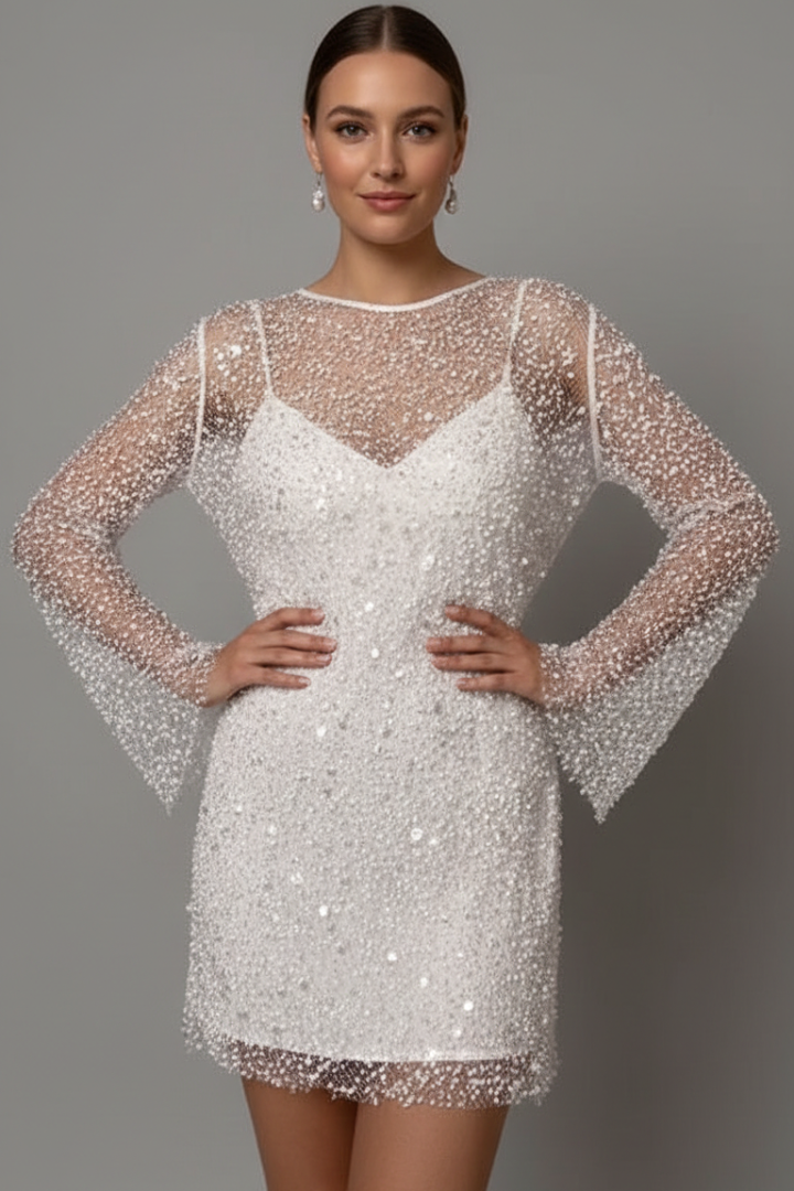 Waverly | Women's Layered Mini Dress – Mesh Overlay Long Sleeve Dress