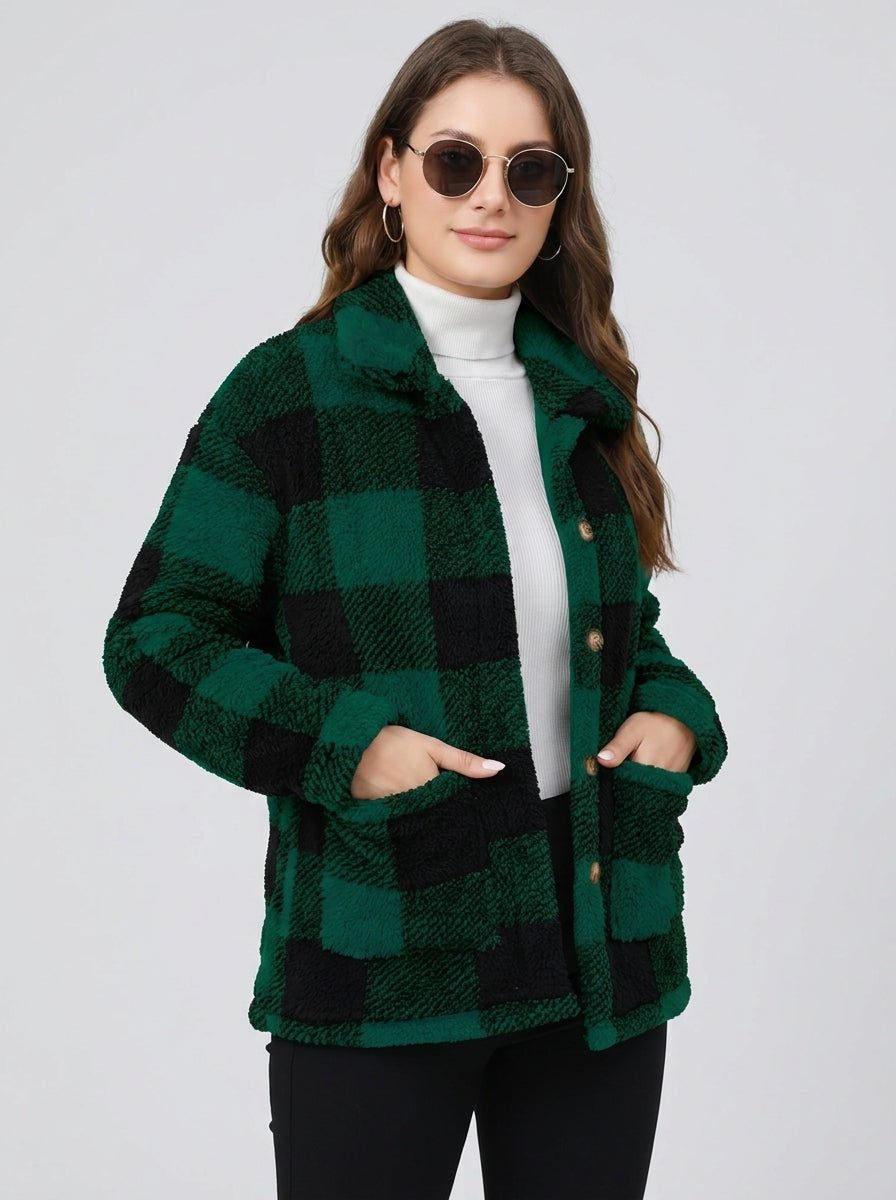 Novalyn | Women's Plaid Teddy Coat, Long Sleeve Single-Breasted Jacket with Patch Pockets