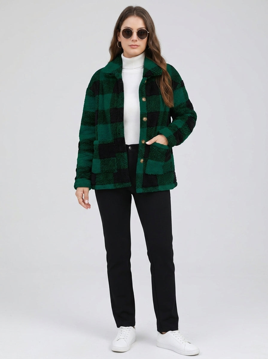 Novalyn | Women's Plaid Teddy Coat, Long Sleeve Single-Breasted Jacket with Patch Pockets