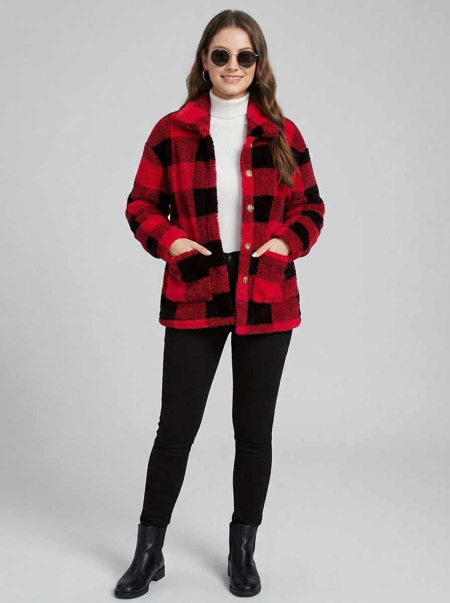 Novalyn | Women's Plaid Teddy Coat, Long Sleeve Single-Breasted Jacket with Patch Pockets
