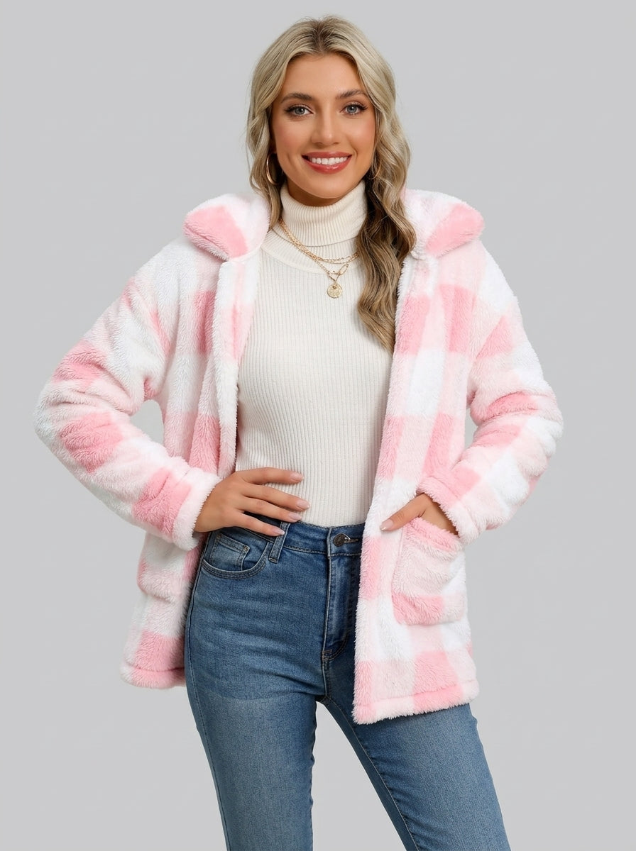Novalyn | Women's Plaid Teddy Coat, Long Sleeve Single-Breasted Jacket with Patch Pockets